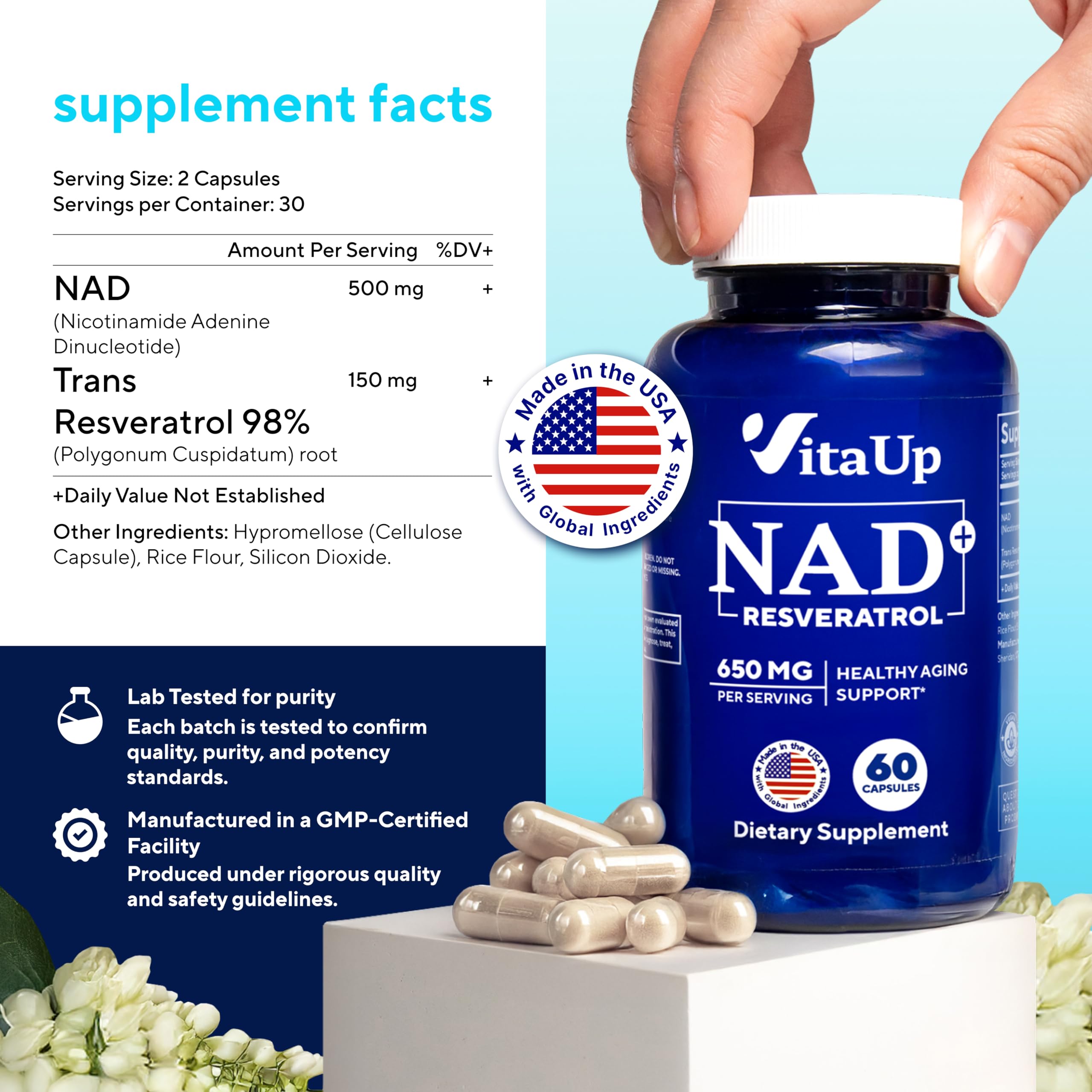 Closeup of VitaUp NAD+ capsules showing easy daily intake.