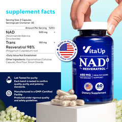 Closeup of VitaUp NAD+ capsules showing easy daily intake.