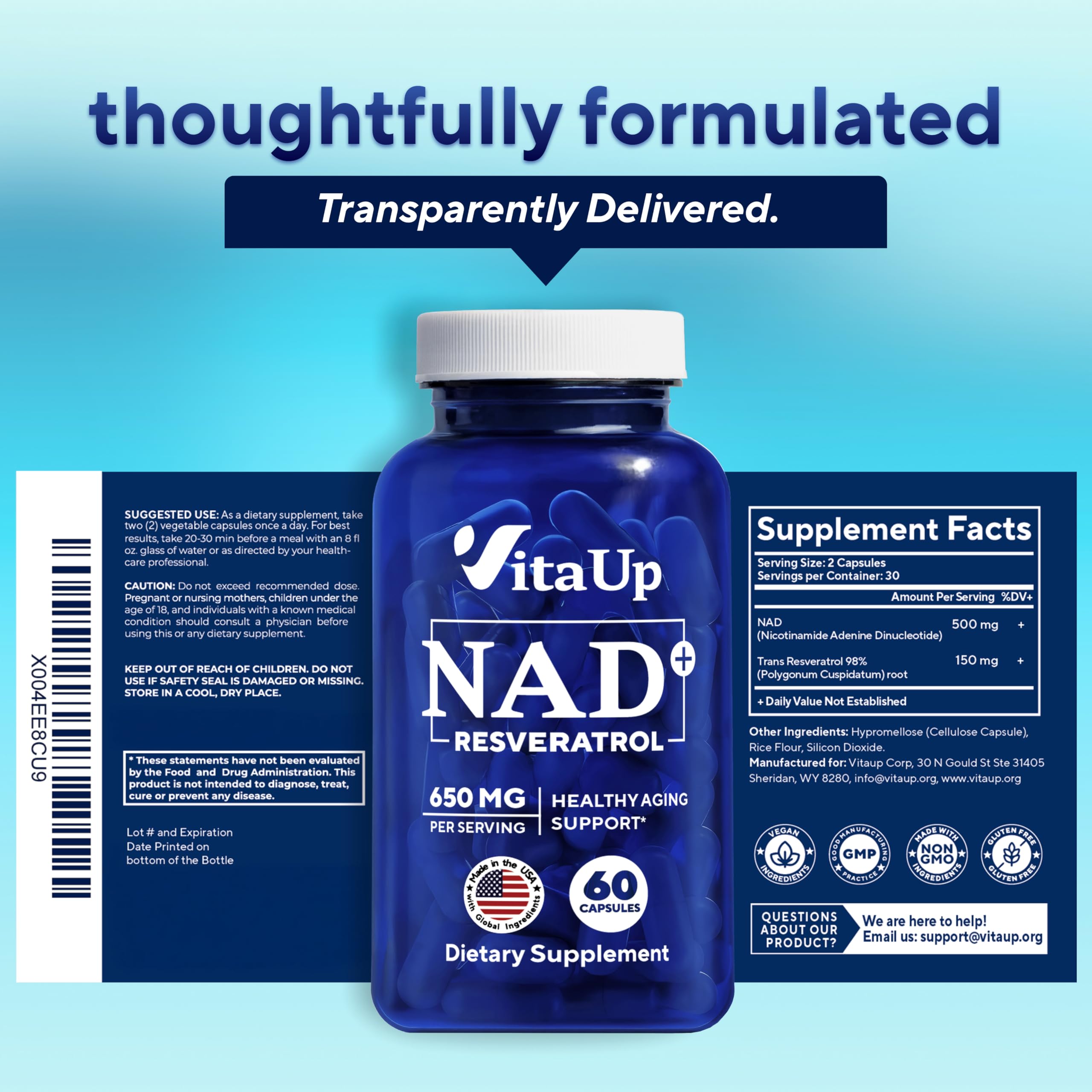 A person taking VitaUp NAD+ capsules with water for daily use.