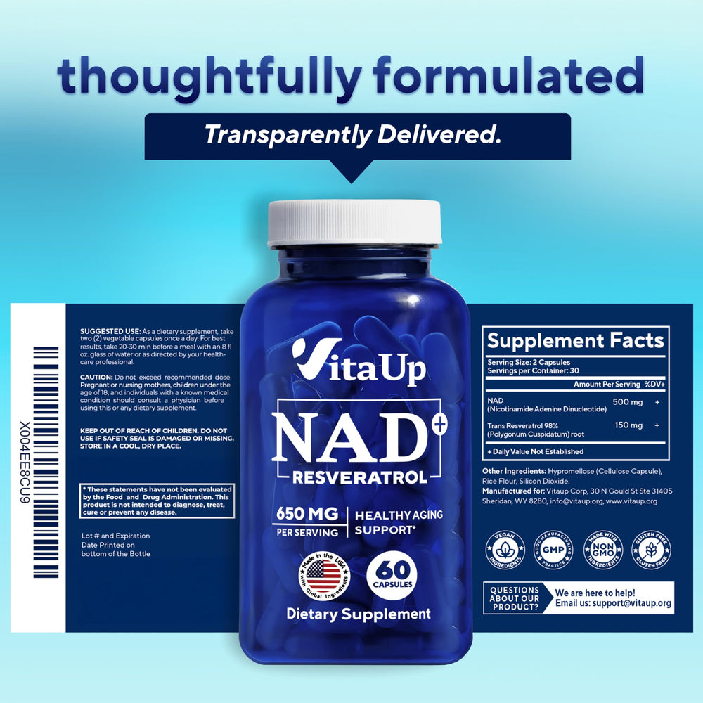 A person taking VitaUp NAD+ capsules with water for daily use.