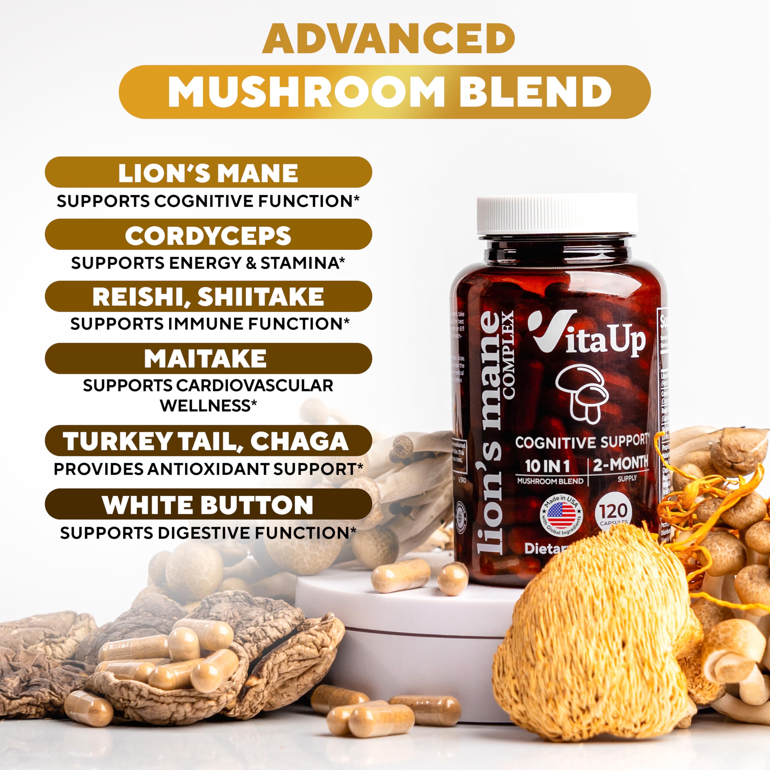 VitaUp ten-mushroom blend capsules close-up highlighting wellness benefits.