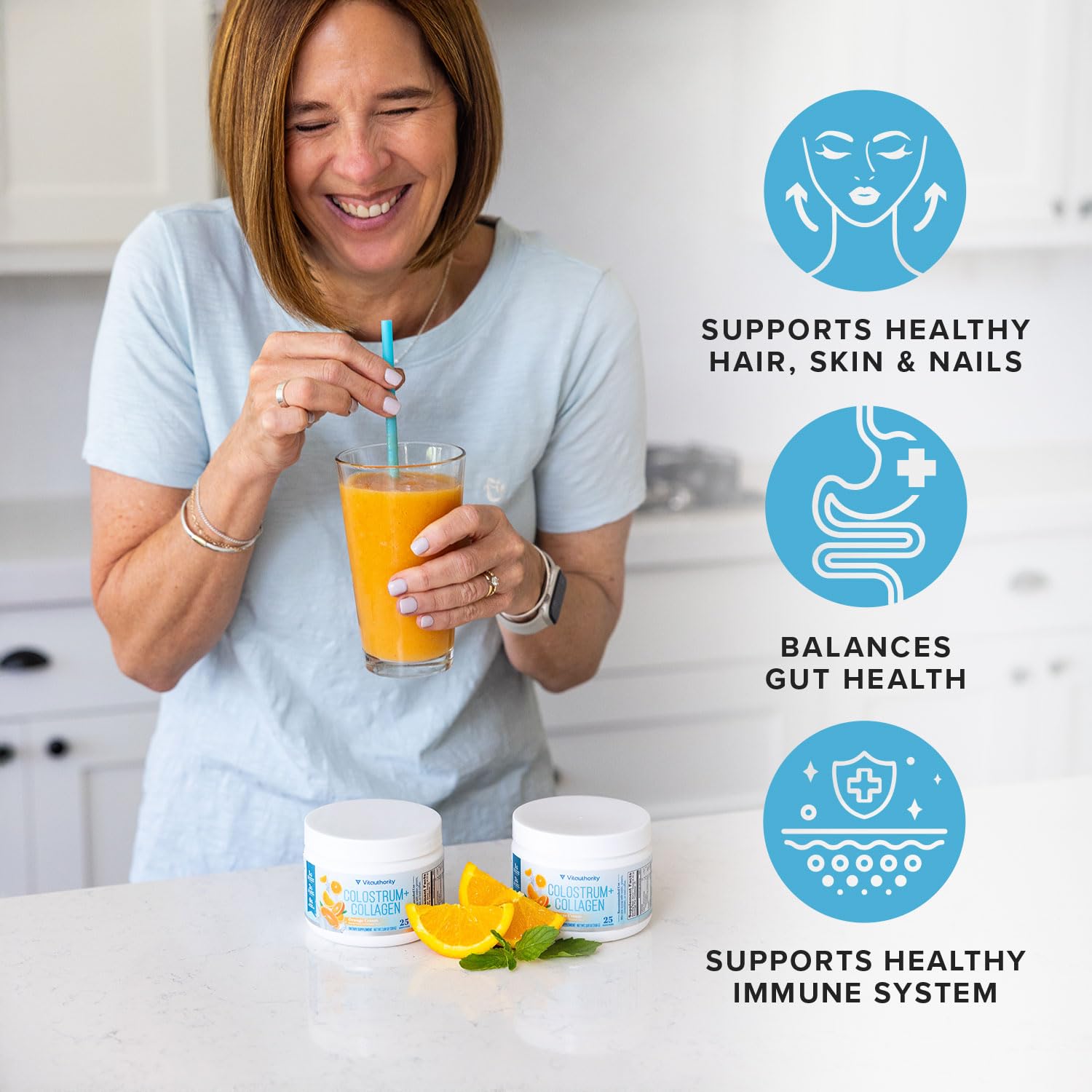 Vitauthority 1g bovine colostrum container illustrating immune-related ingredients