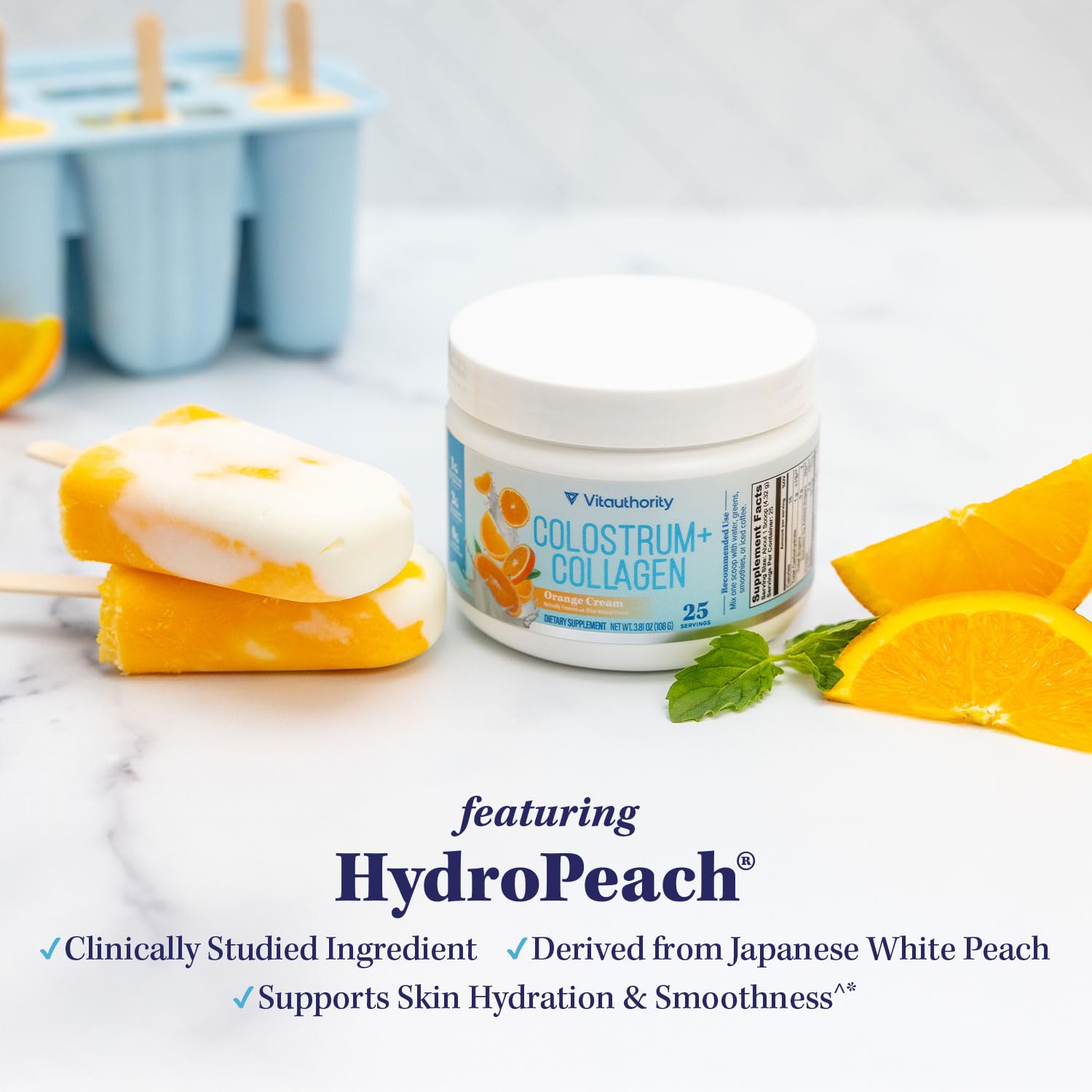 Vitauthority 2g collagen peptides close-up highlighting skin elasticity support