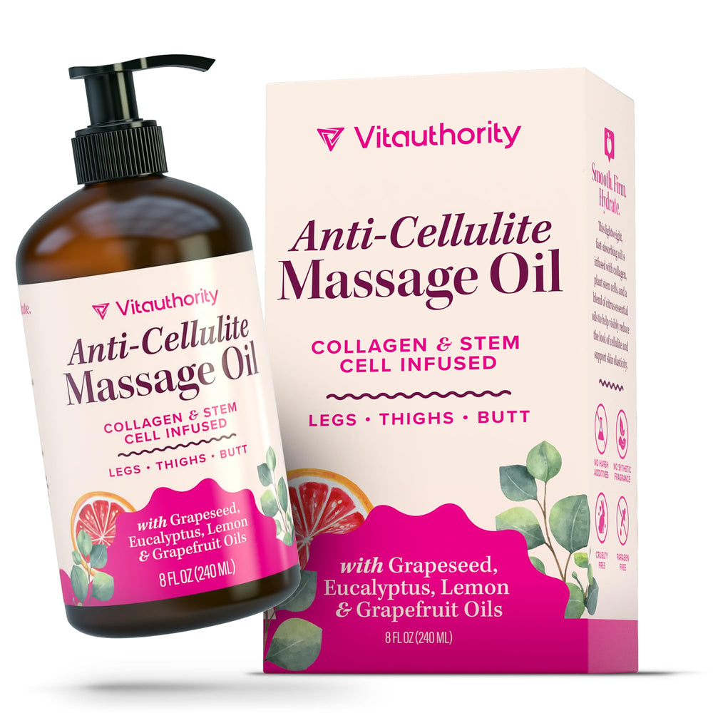 Vitauthority anti-cellulite oil bottle close-up for smoother skin texture.