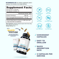 Vitauthority Berberine Cinnamon capsules close-up highlighting vegan, gluten-free formula.