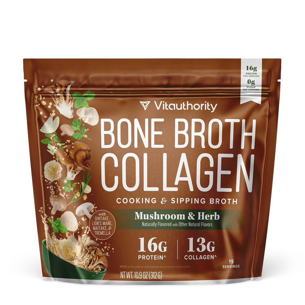 Vitauthority Bone Broth Collagen Bottle shows real bone broth for joints and skin support
