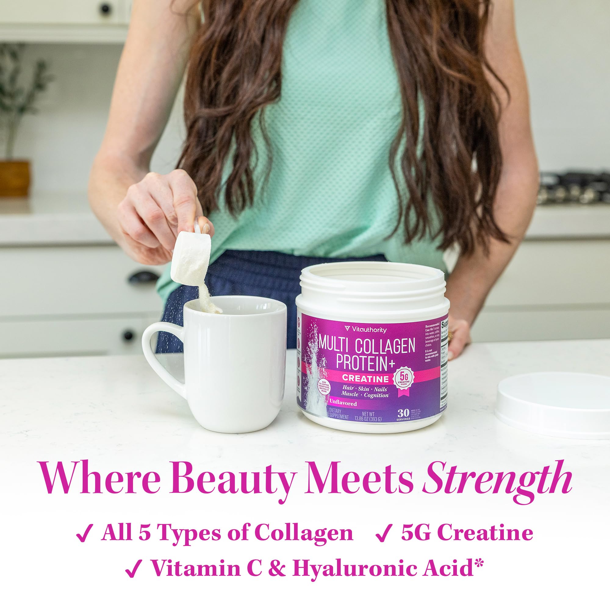 Vitauthority Creatine Collagen Coffee Mix blending into morning beverage