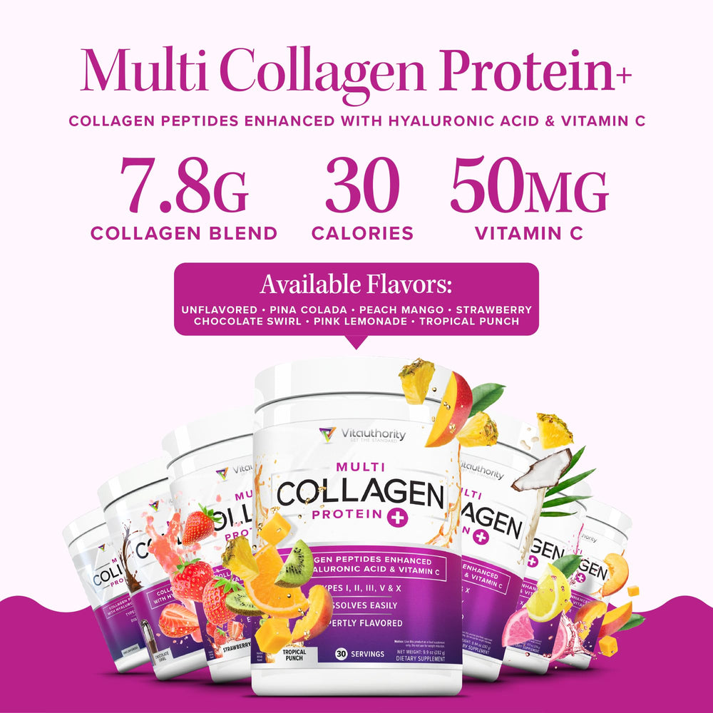 Glass of peach mango Vitauthority collagen drink on a bright table