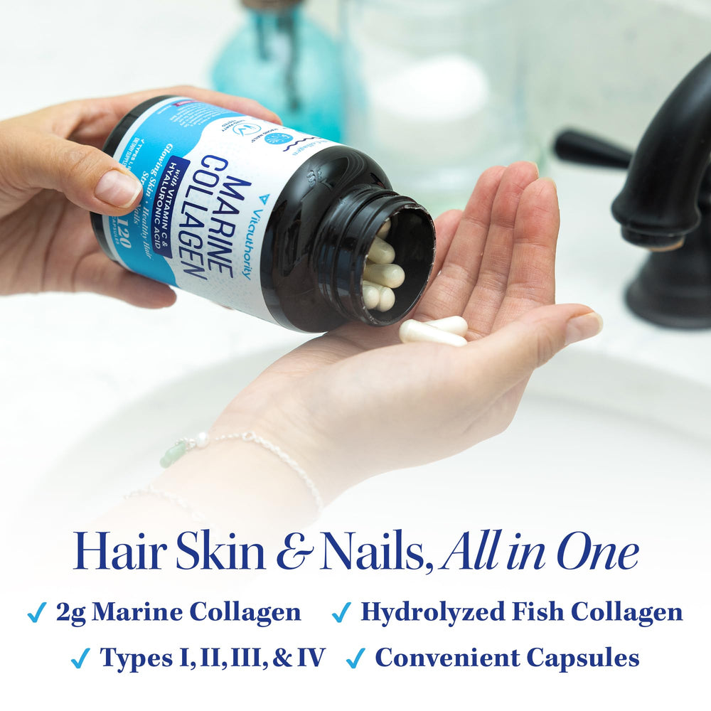 Label showcases hyaluronic acid and vitamin C from Vitauthority formula for hydration.