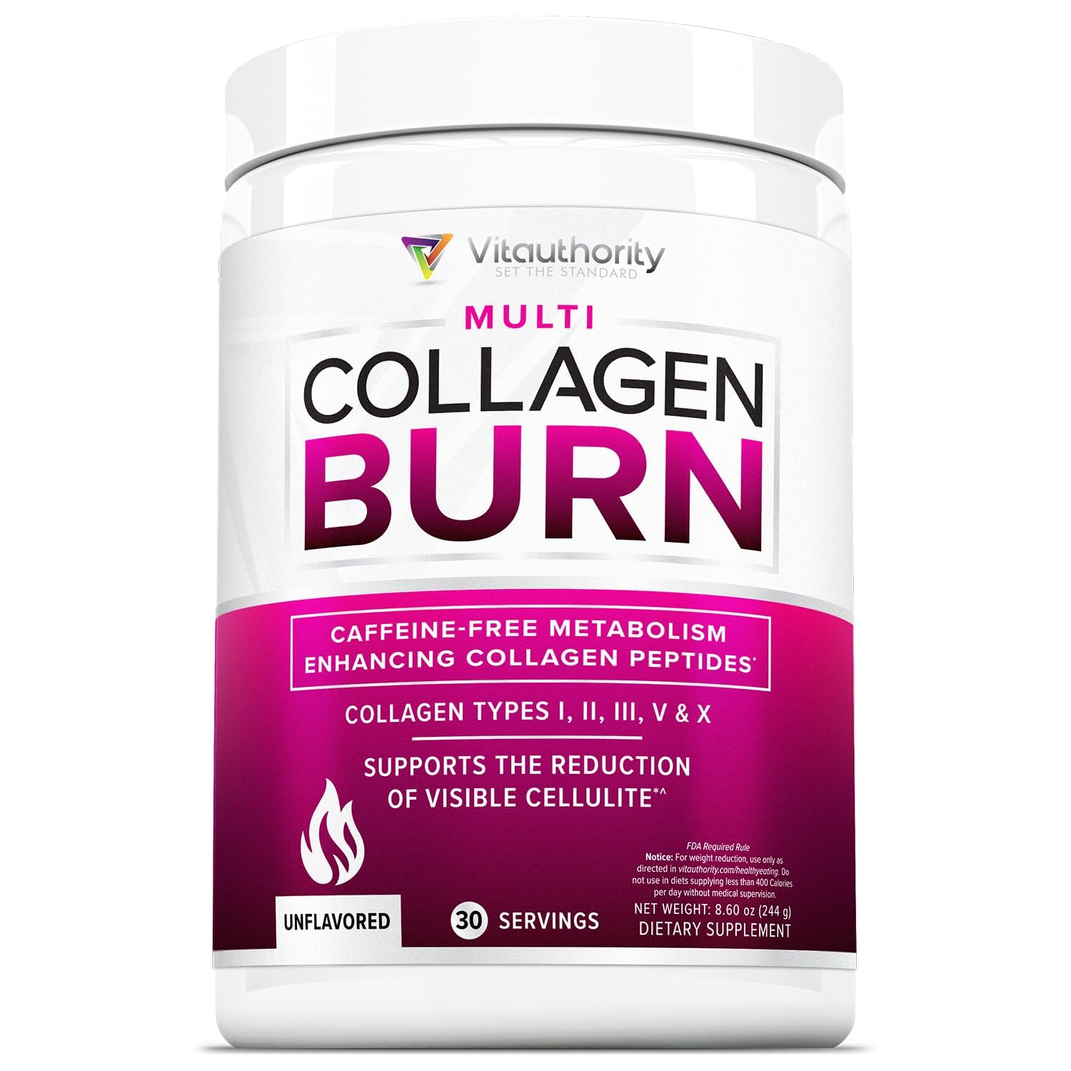 Vitauthority hydrolyzed collagen powder bottle with scoop supports skin and hair health.