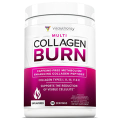 Vitauthority hydrolyzed collagen powder bottle with scoop supports skin and hair health.
