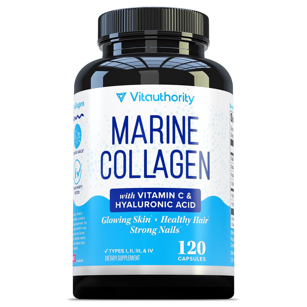 Vitauthority Marine Collagen bottle shown for convenient daily beauty support.