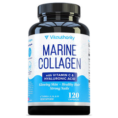 Vitauthority Marine Collagen bottle shown for convenient daily beauty support.