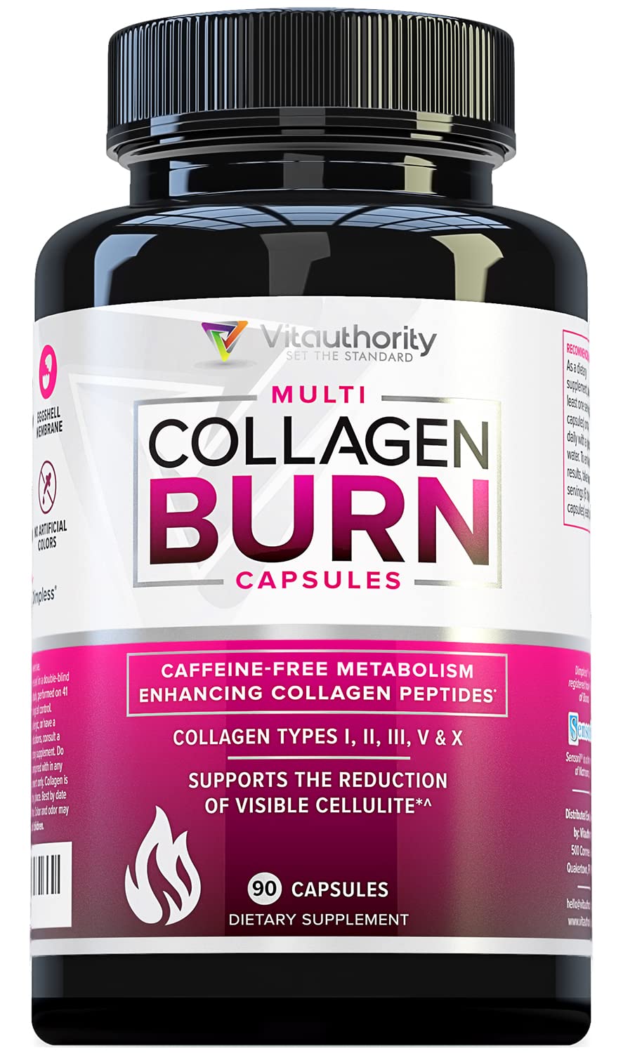 Vitauthority Multi Collagen Burn bottle front shows ingredients for daily skin and joint support.