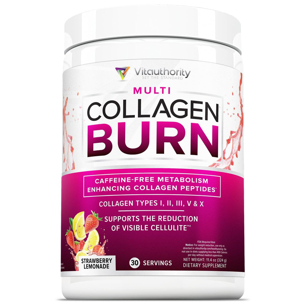 Vitauthority Multi Collagen Burn bottle with strawberry lemonade flavor for metabolism support