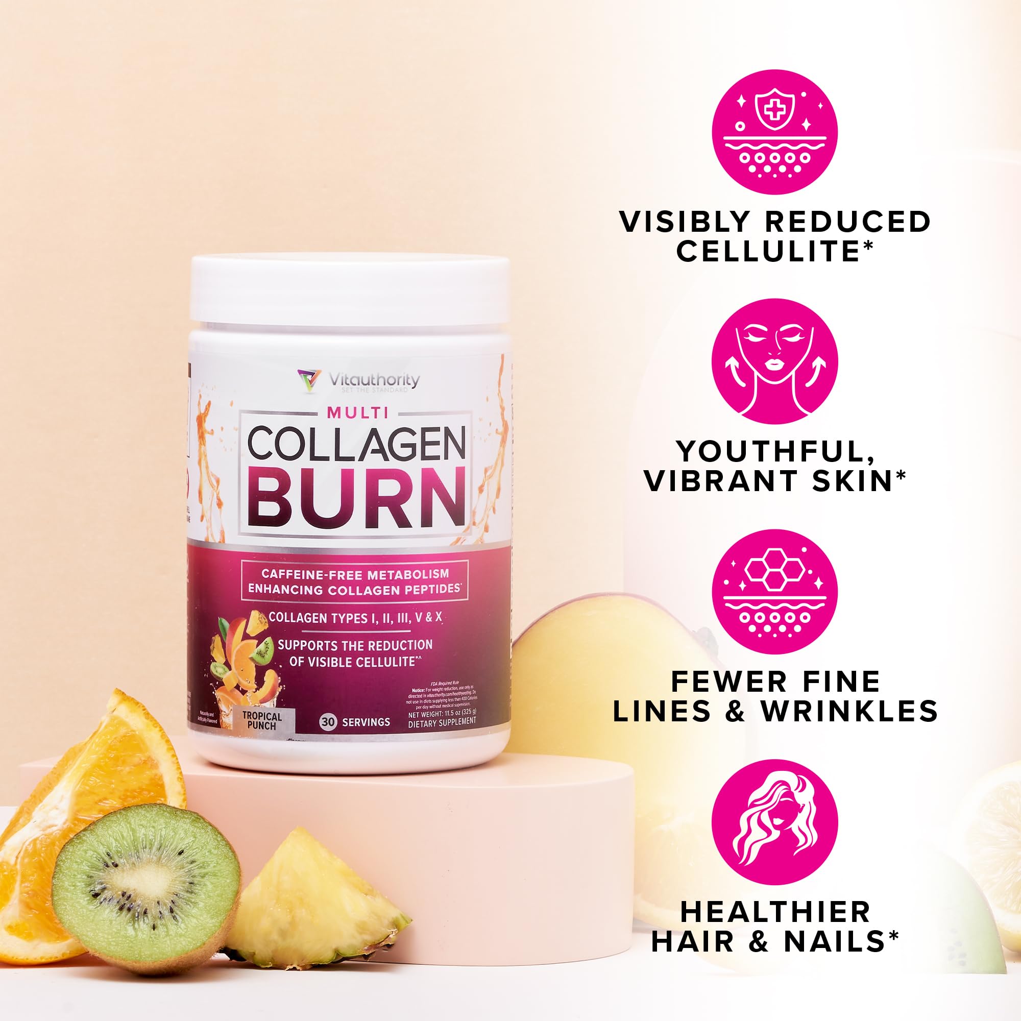 Vitauthority Multi Collagen Burn in a glass showing vivid strawberry lemonade color