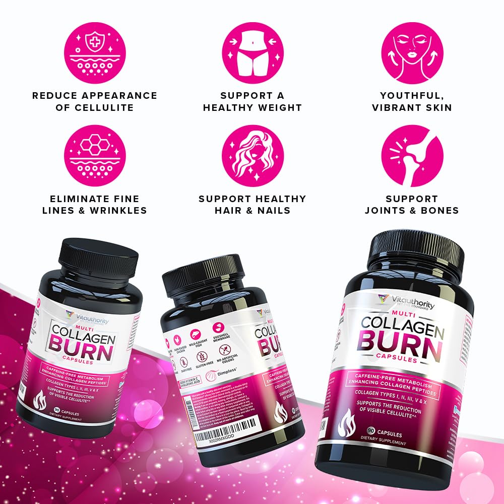 Vitauthority Multi Collagen Burn ingredients chart highlights hyaluronic acid and vitamin C benefits.
