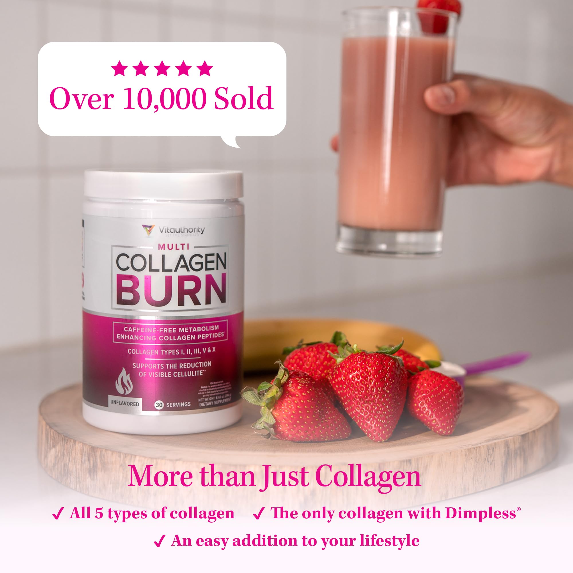 Vitauthority Multi Collagen Burn being poured into a glass, caffeine-free refreshment