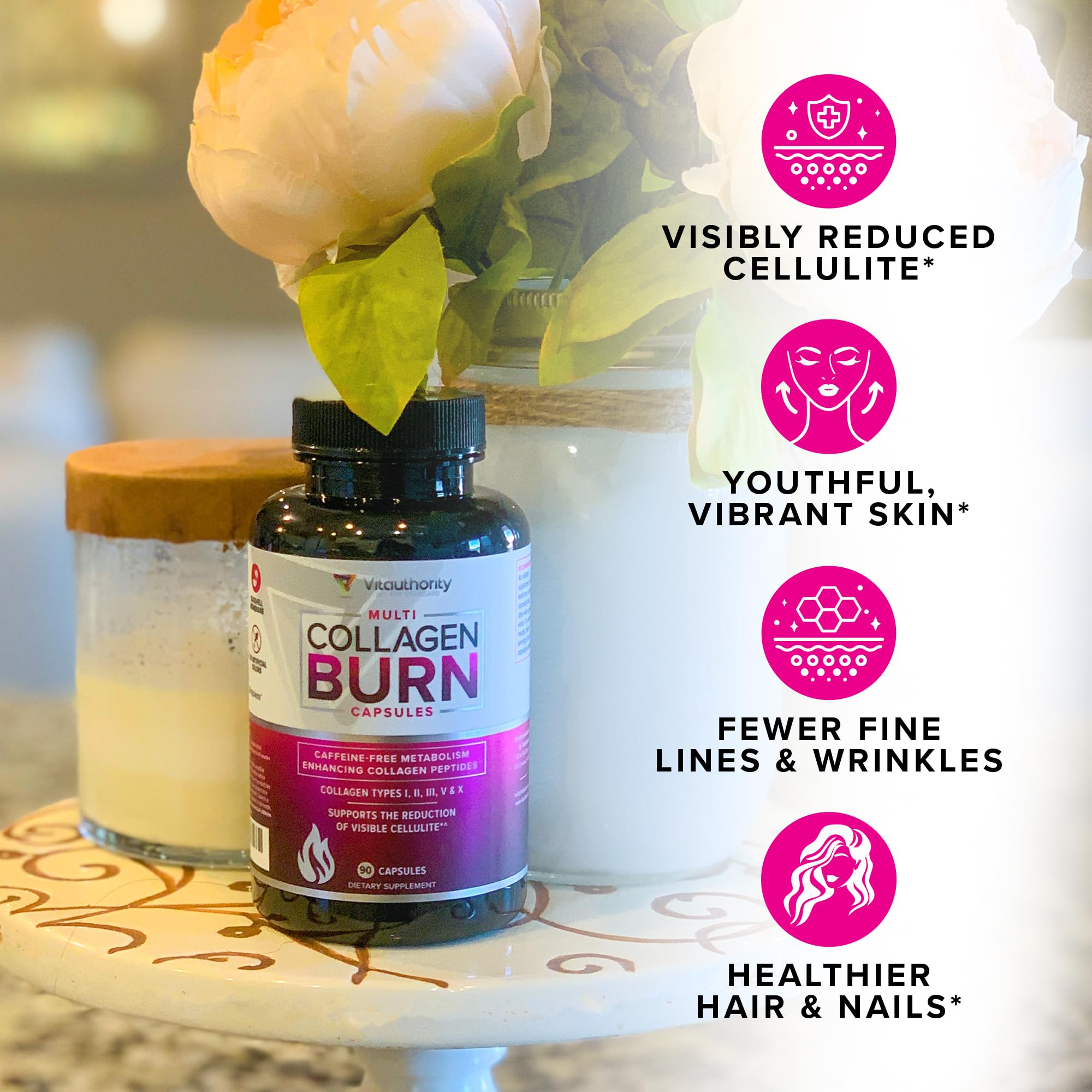 Vitauthority Multi Collagen Burn skin glow concept hints at elasticity.