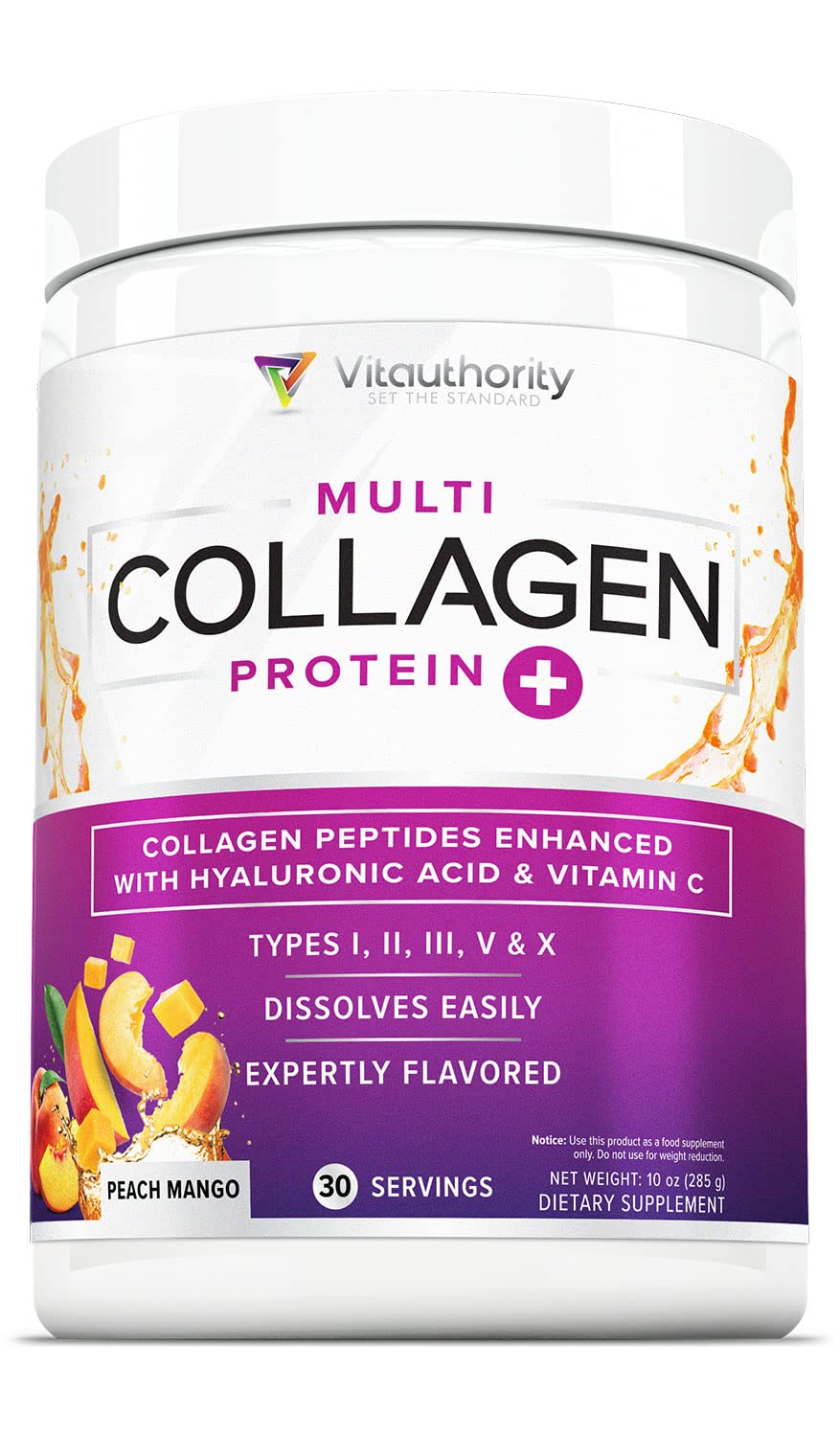Vitauthority Multi Collagen Peptides powder tub with peach mango flavor for daily beauty nutrition