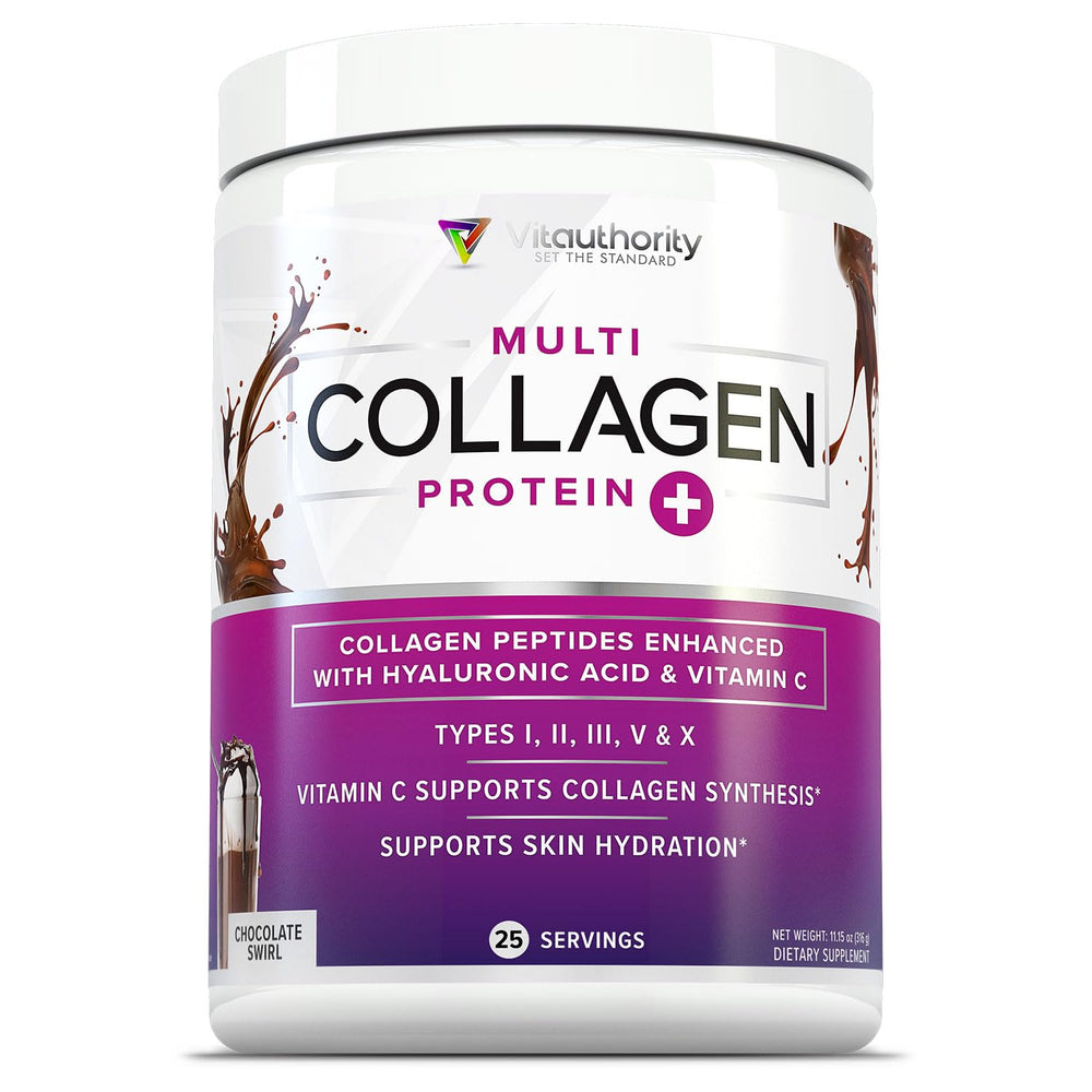 Vitaauthority multi collagen powder chocolate bottle pour, easy daily mix for a beauty routine.