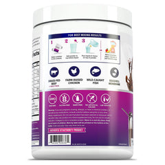 Vitauthority multi collagen powder chocolate tub and spoon close-up for creamy texture when mixed.