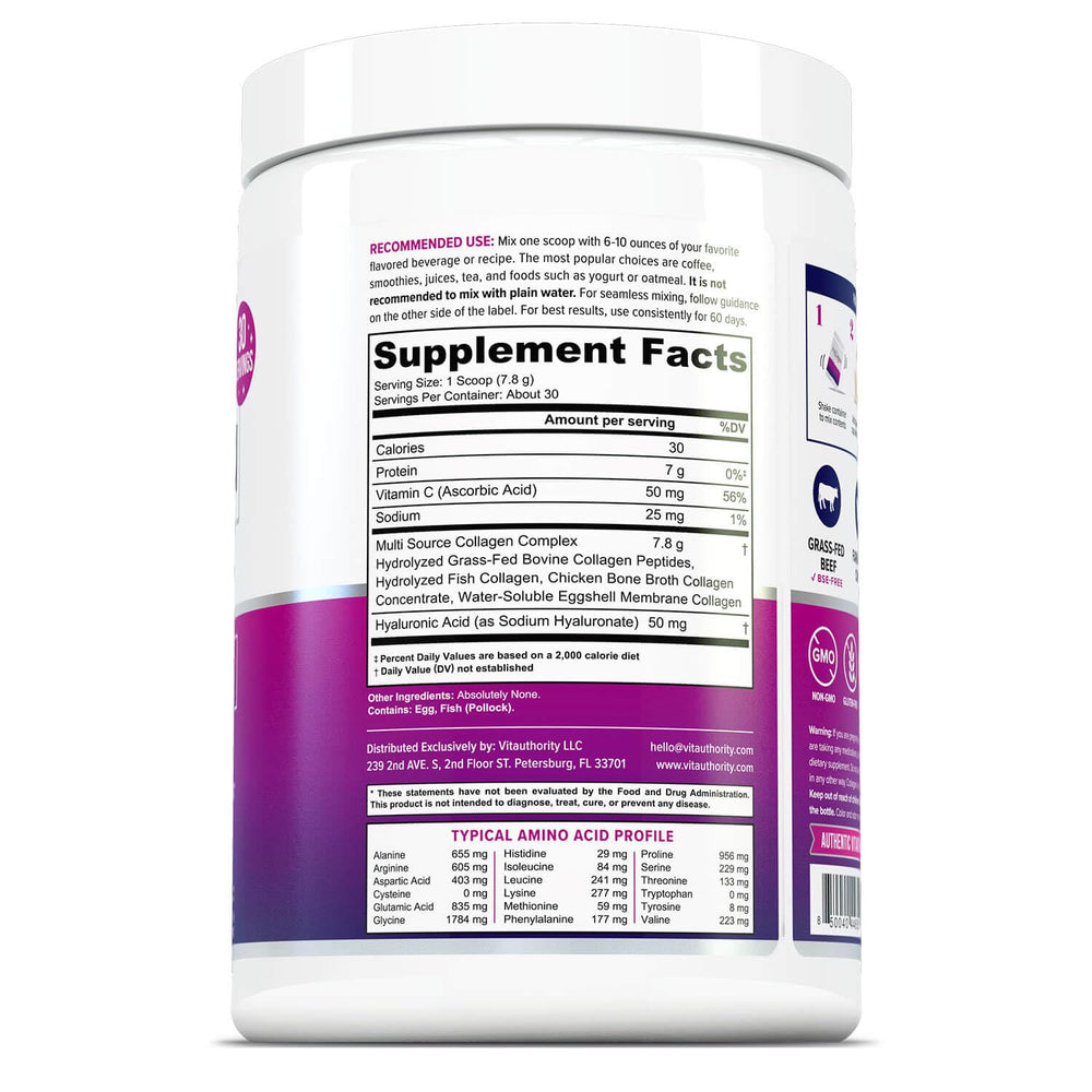 Vitauthority Multi Collagen Women sources beef, fish, and chicken proteins.