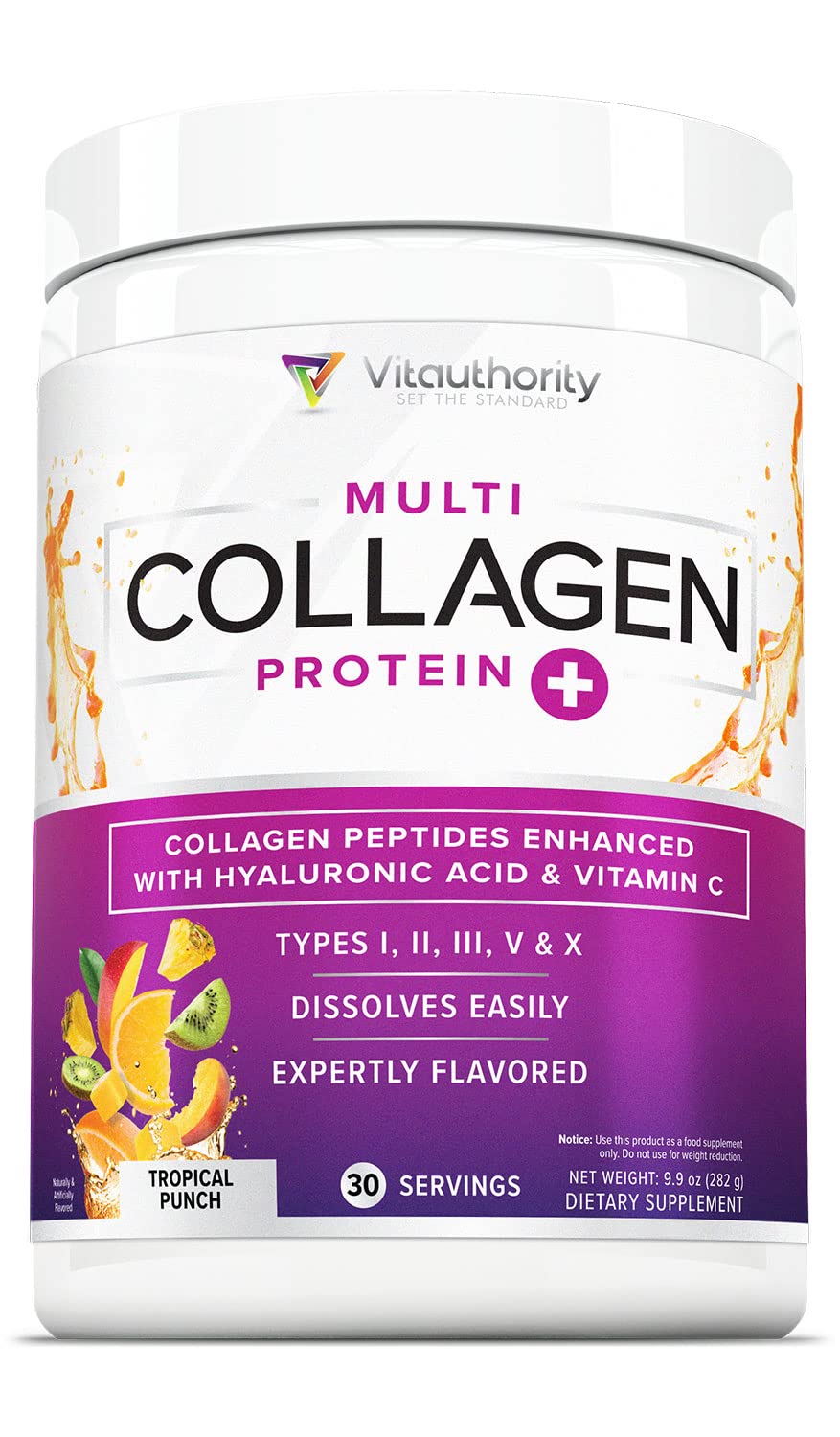 Vitauthority multi collagen tropical punch packaging on shelf ready to support hair and skin vitality.