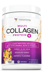 Vitauthority multi collagen tropical punch packaging on shelf ready to support hair and skin vitality.