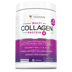 Vitauthority Multi Collagen Women jar shows unflavored powder for skin and hair support.