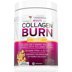 Vitauthority Multi Collagen Burn bottle front showing tropical punch flavor for daily energy