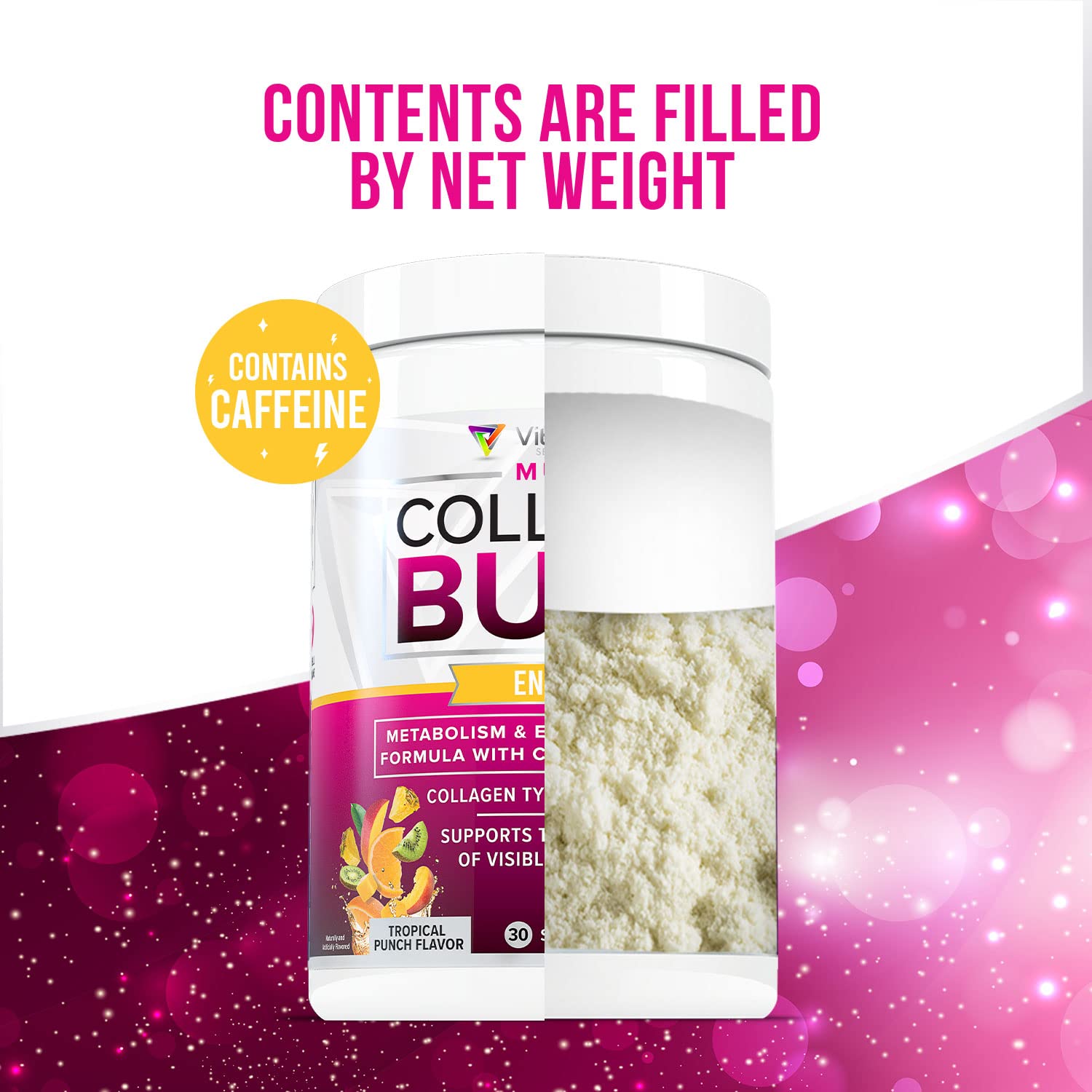 Bottle beside a glass of prepared Vitauthority Multi Collagen Burn drink