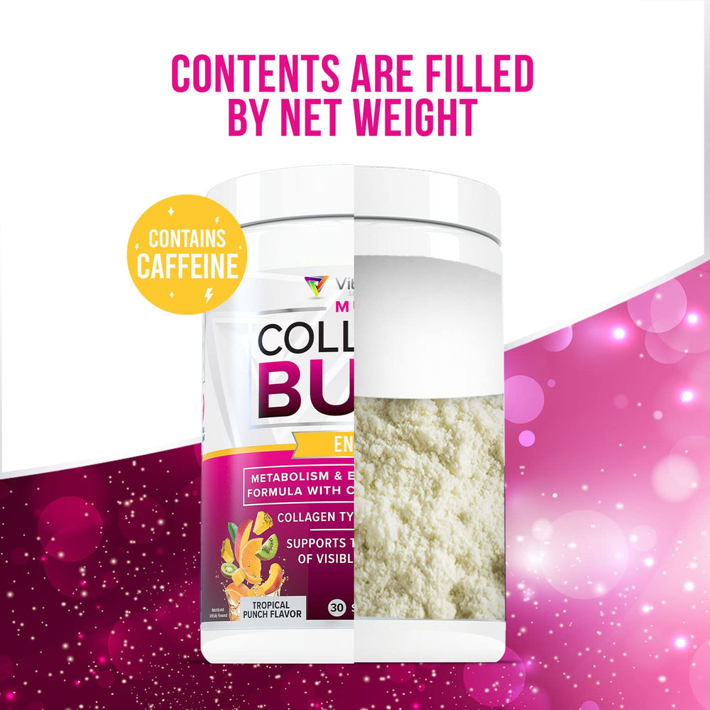 Bottle beside a glass of prepared Vitauthority Multi Collagen Burn drink