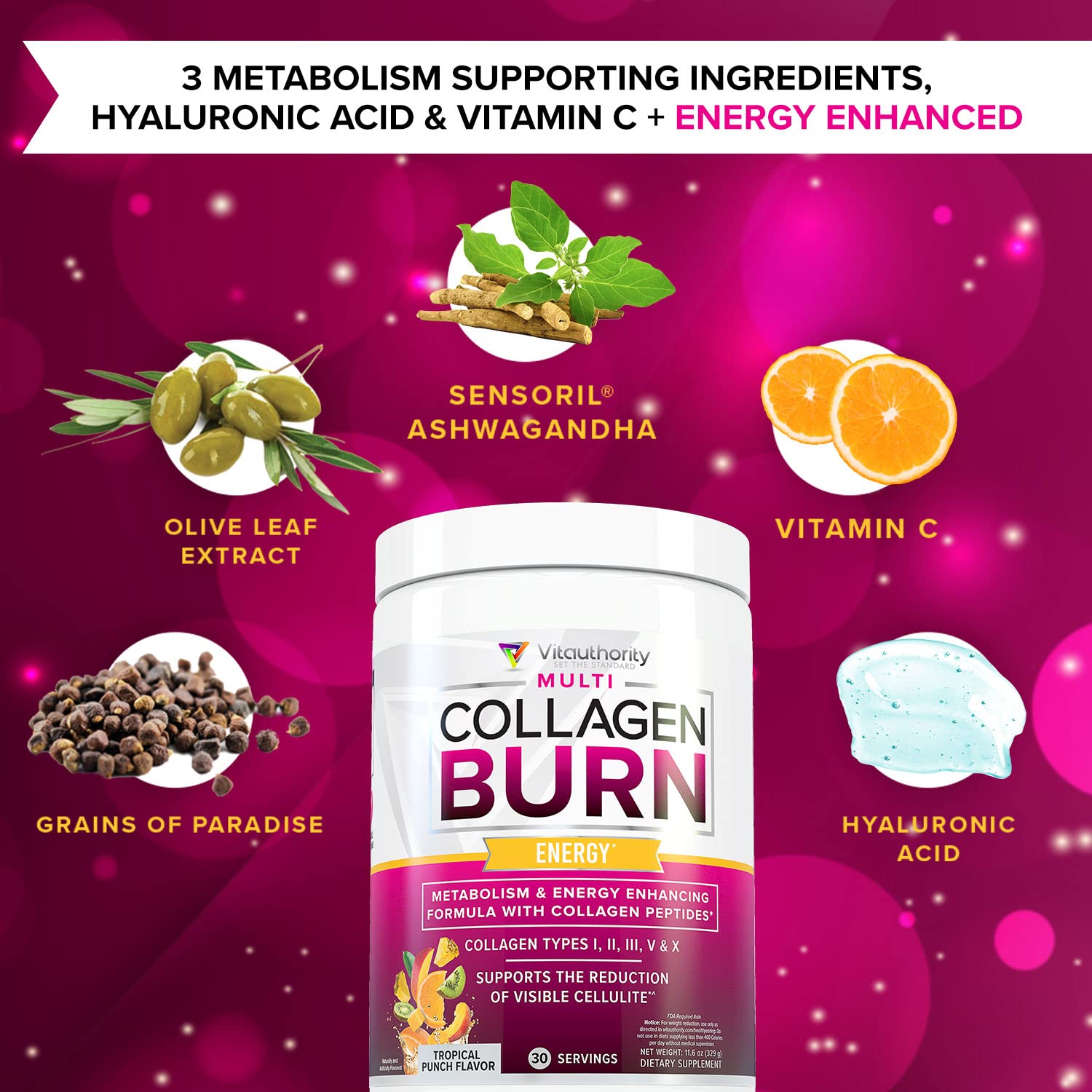 Ingredients chart for Vitauthority Multi Collagen Burn highlighting collagen types