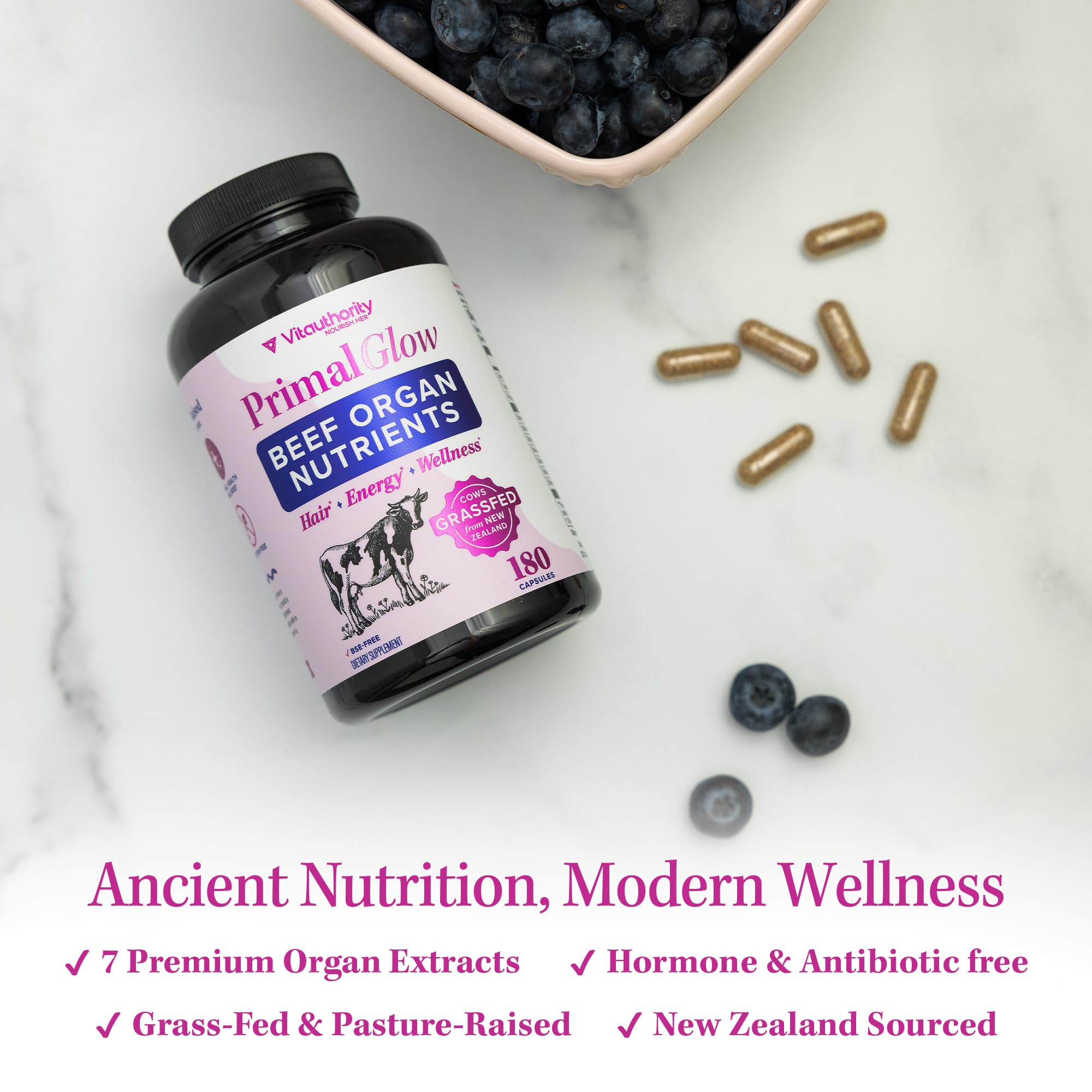 Vitaauthority Primal Glow Bone Marrow capsules for skin and energy.