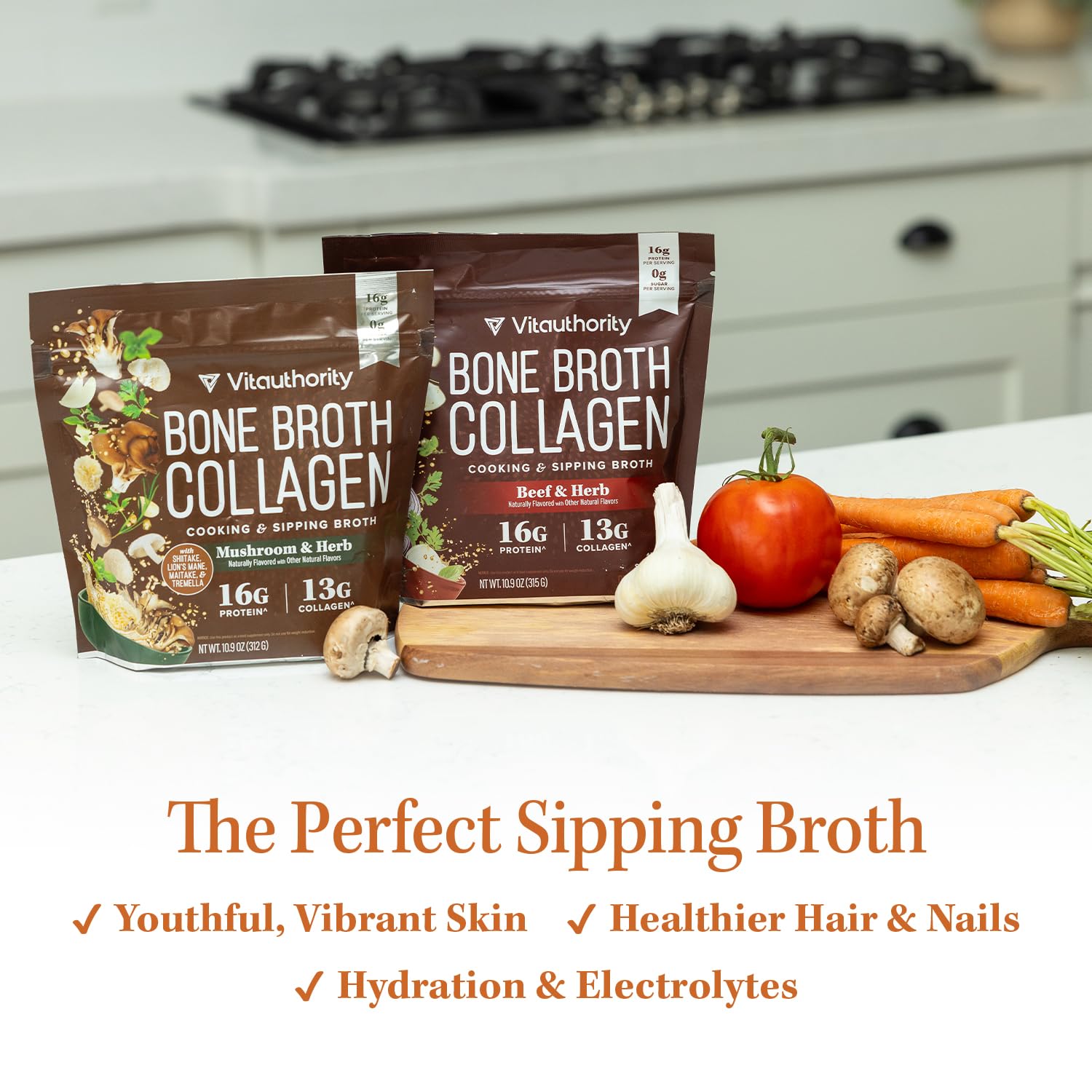 Vitauthority Real Ingredients image features chicken, beef, and mushroom bone broth