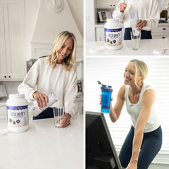 Vitauthority Whey label highlighting probiotics and enzymes for digestion support.