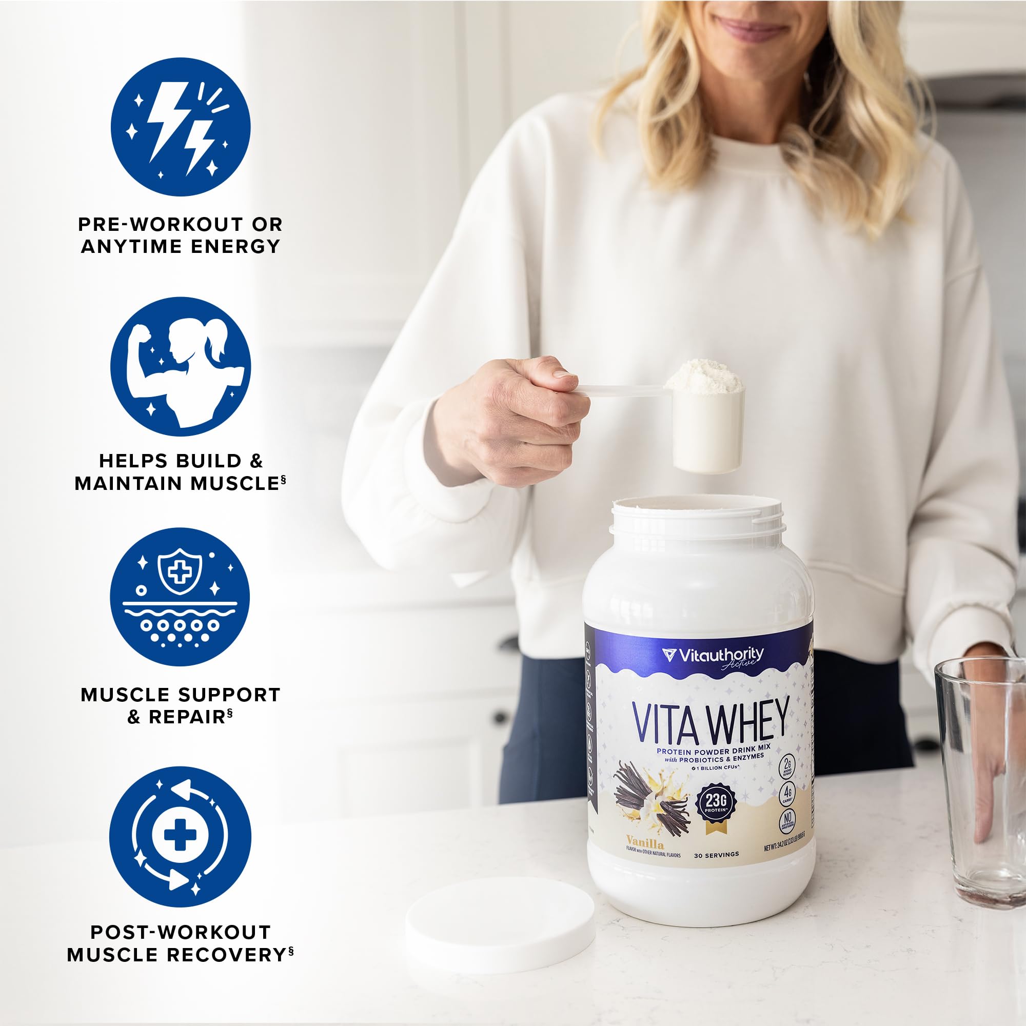 Vitauthority Whey scoop dispensing powder for quick post-workout protein.