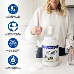 Vitauthority Whey scoop dispensing powder for quick post-workout protein.