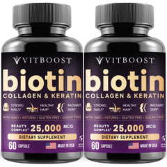 Vitboost biotin with hyaluronic acid capsules promote hydrated hair and healthier nails