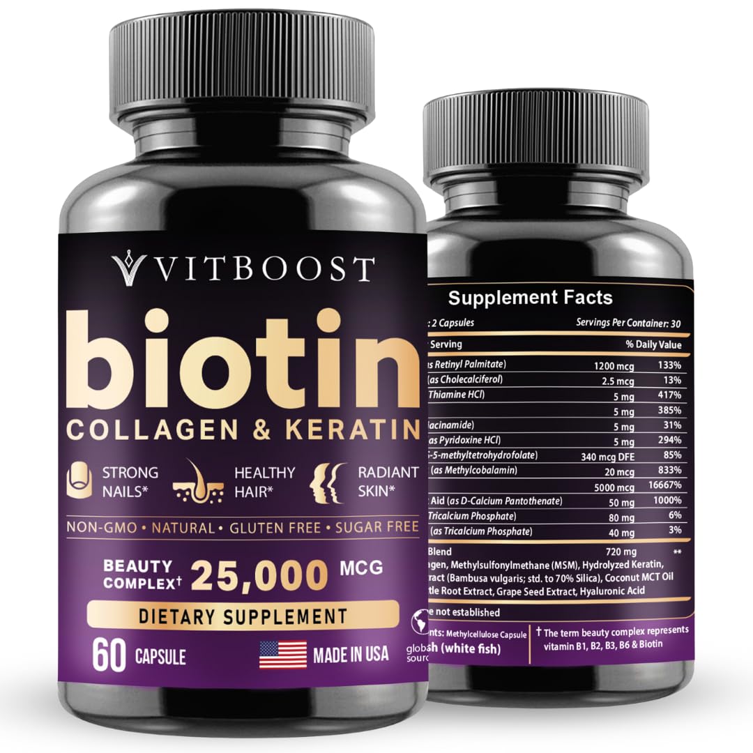 Vitboost bottle featuring the biotin blend for daily beauty support.