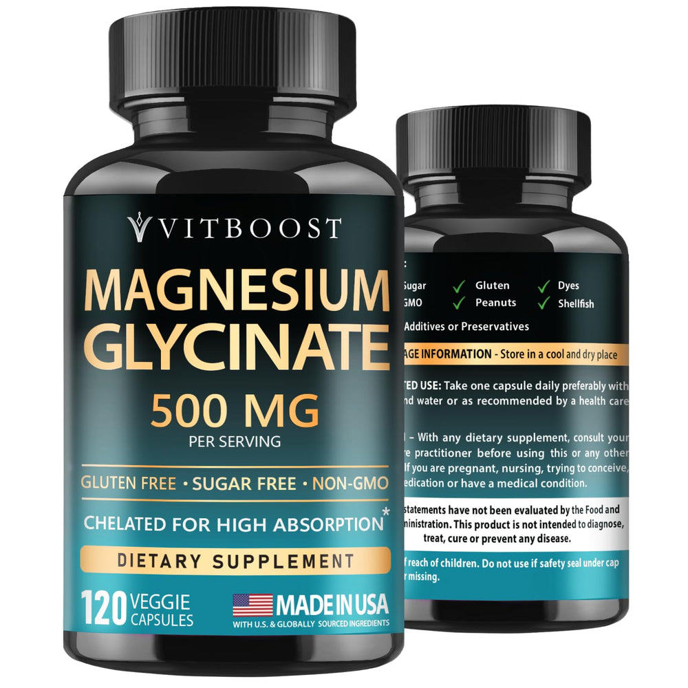 VitBoost Magnesium Glycinate 500mg bottle front showing high absorption formula for daily support