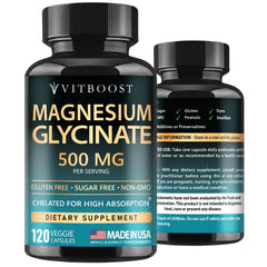 VitBoost Magnesium Glycinate 500mg bottle front showing high absorption formula for daily support