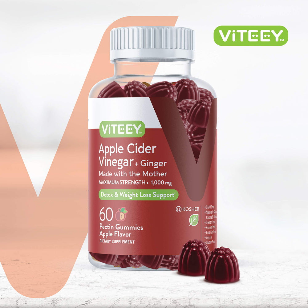 Viteey ACV Ginger Gummies closeup highlighting apple flavor.