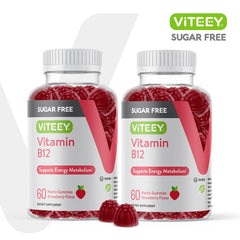 Viteey B12 Gummies jar close-up shows label and vegan, gelatin-free formula.