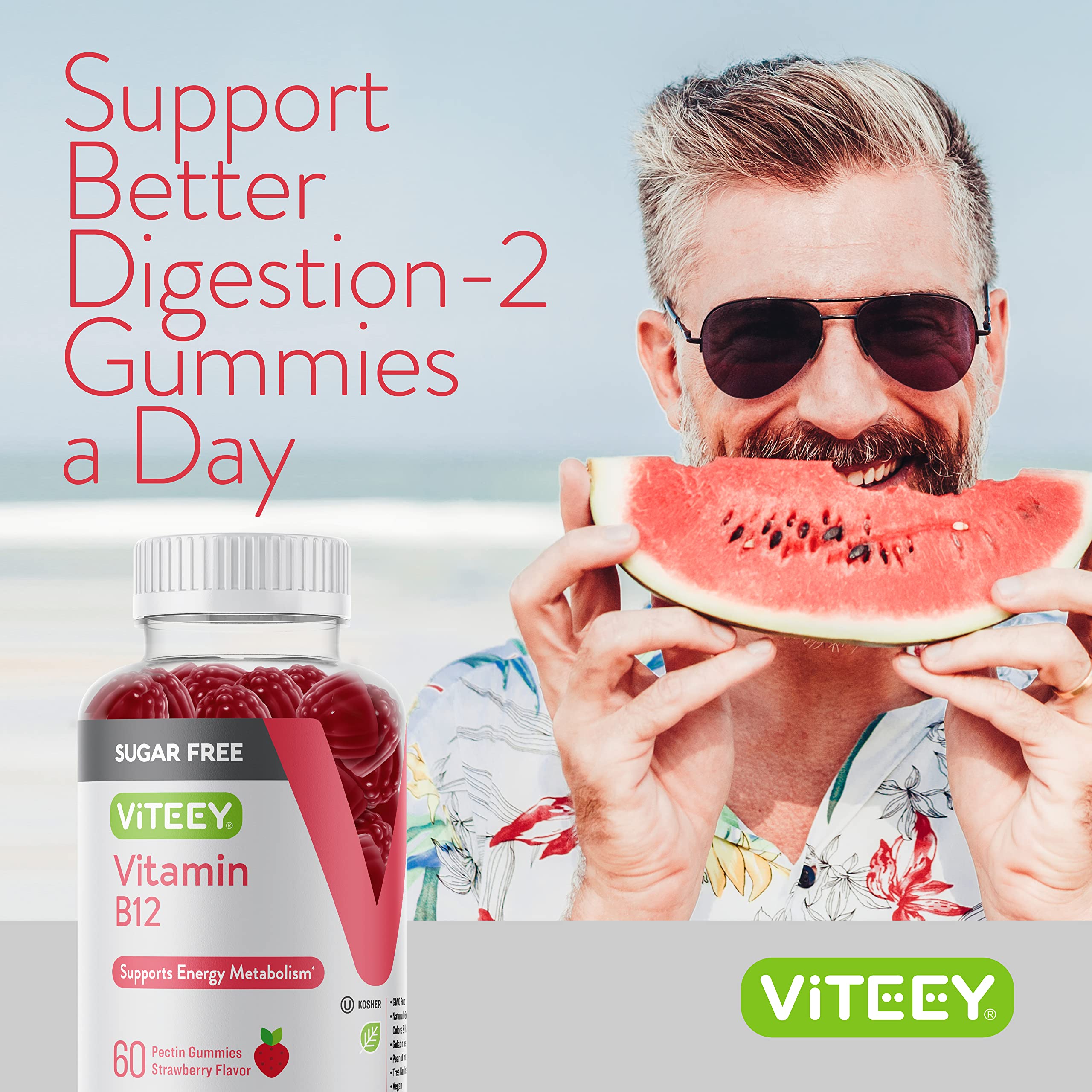 Viteey B12 Gummies kosher-certified seal communicates trusted purity.