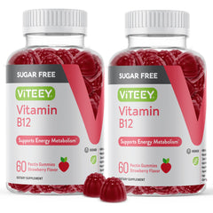 Viteey B12 Gummies strawberry bottle highlights a sugar-free energy boost option.