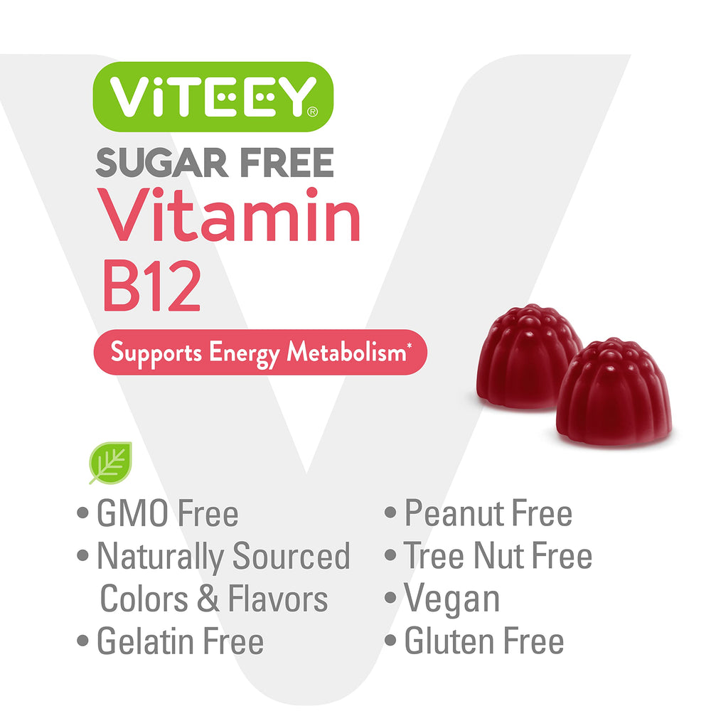 Viteey B12 Gummies sugar-free close-up emphasizes strawberry flavor appeal.