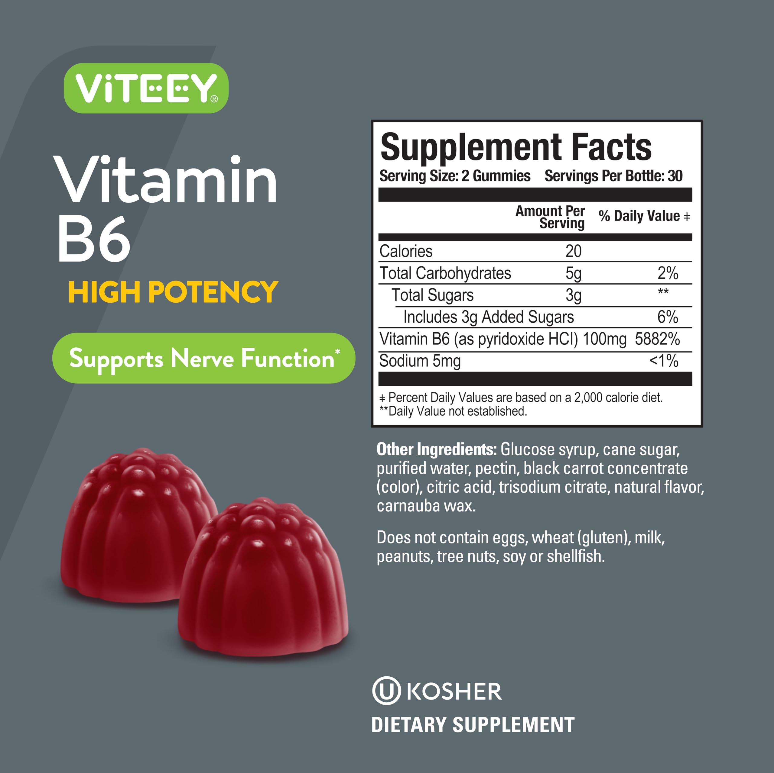 Nutrition label highlights 100 mg B6 per serving.