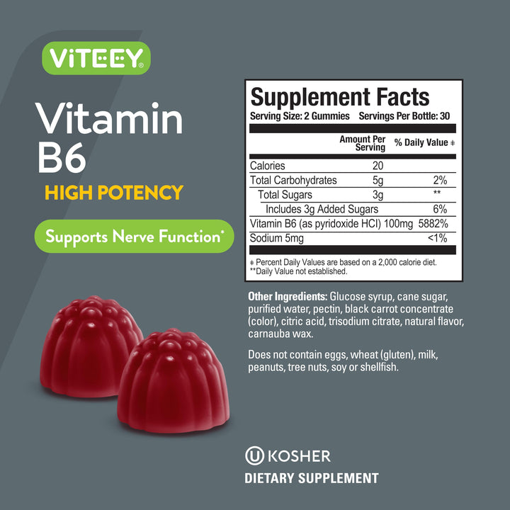 Nutrition label highlights 100 mg B6 per serving.
